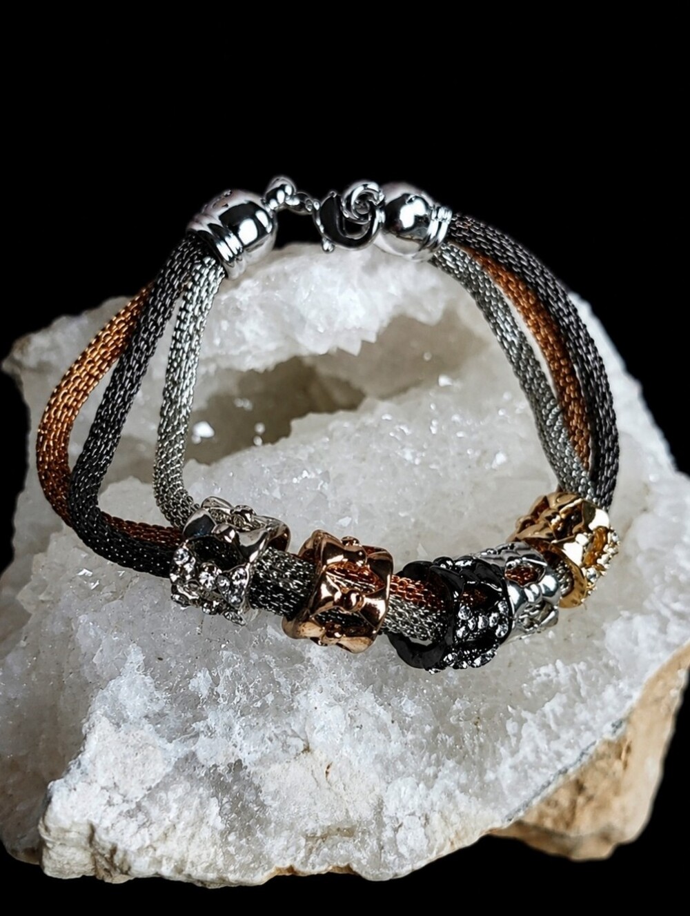 Multi Tri Colored Metal Mesh Tube Rhinestone Bracelet Gold Silver Tone Gunmetal